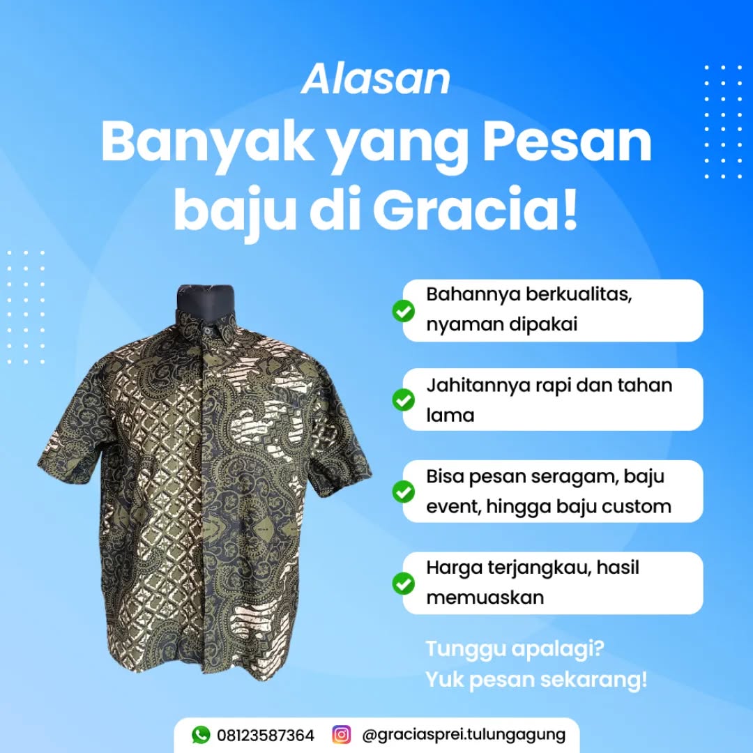 <p>Gracia juga menjual baju batik untuk anda dan s
